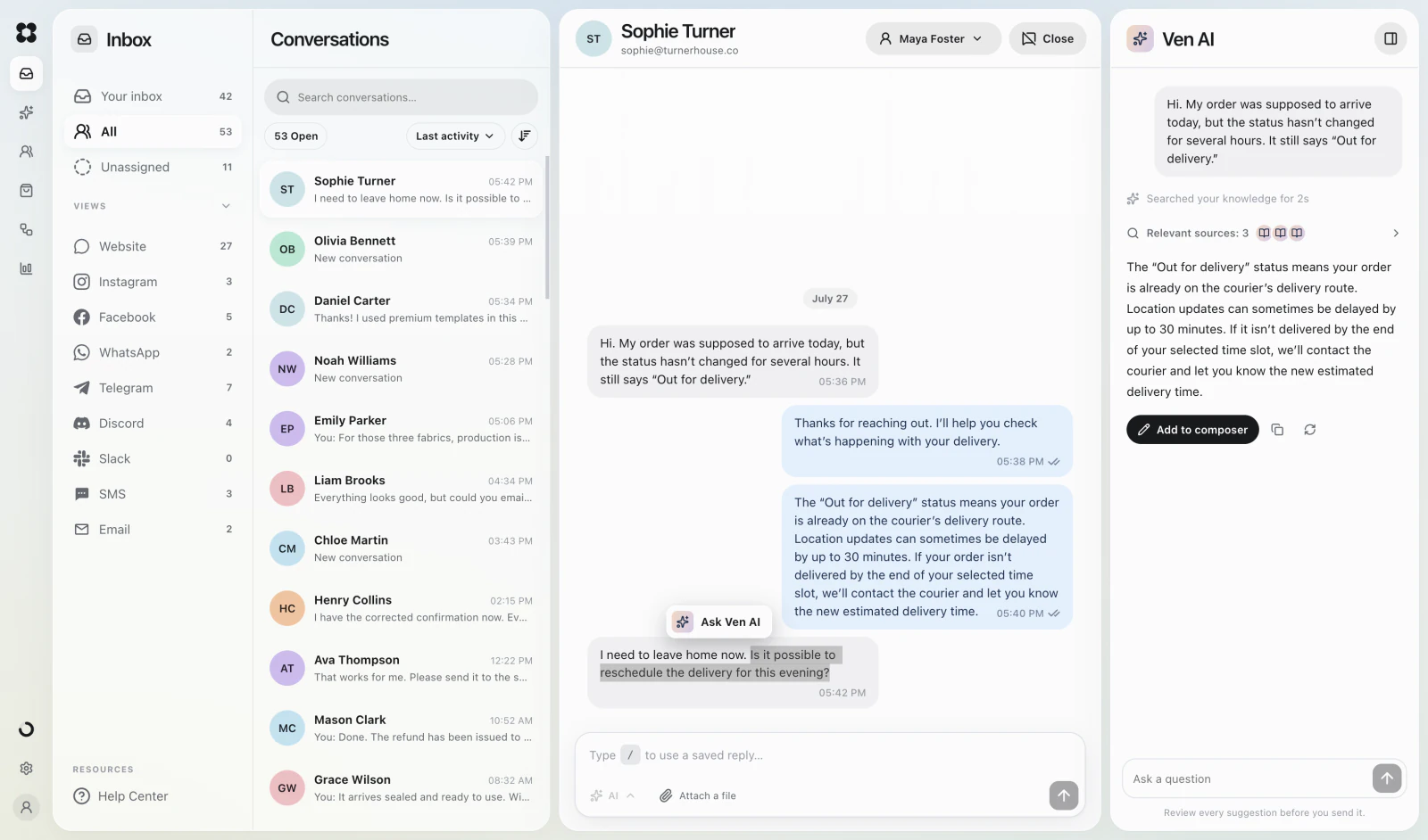 Lavenity inbox with a Ven AI reply suggestion and relevant knowledge sources